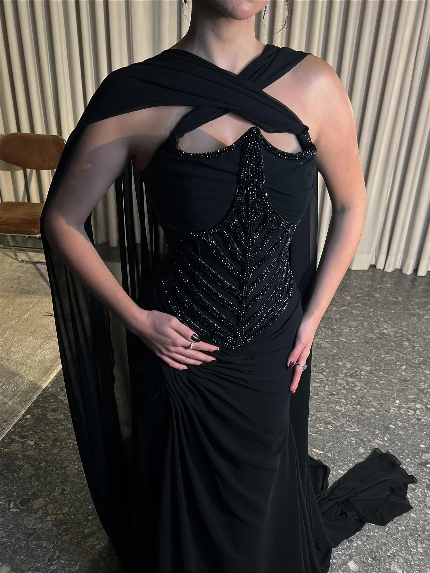 فستان سهرة نسائي أسود من Loretta فساتين لحضور الحفلات الموسيقية للمناسبات الخاصة مخصصة من الشيفون فيستدوس دي فيستا شال #5