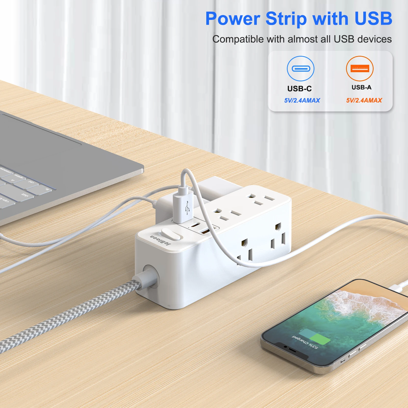 US Plug Multitap Power Strip AC Outlet 1.5m Braided Cable Electrical Socket Smart USB Home Office Surge Protector Network Filter