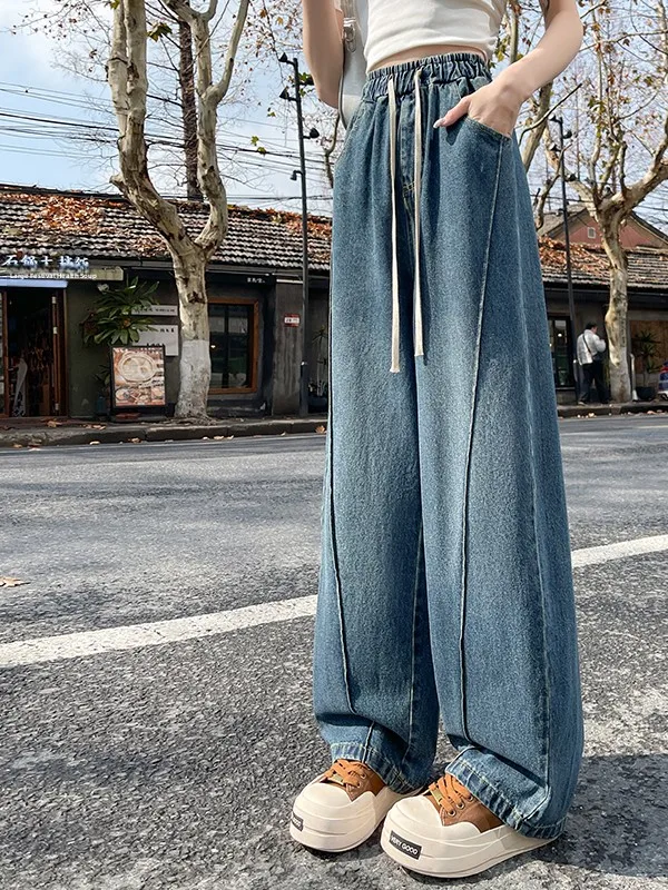 Retro Blue Denim High Waist Drawstring Floor-Length Loose Slimming Wide Leg Pants Women's Casual Asymmetric Jeans