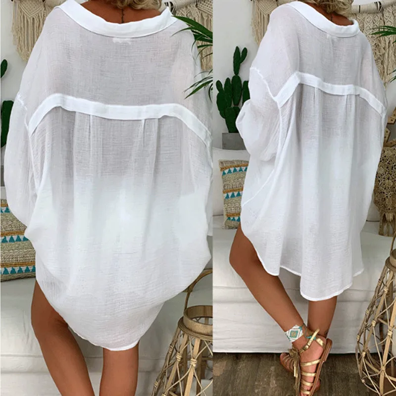 Womans Vintage Button Down Shirt Loose Casual Long Sleeve  Blouse Summer Linen Cottons Female Soid Tops Plus Size  Long Section