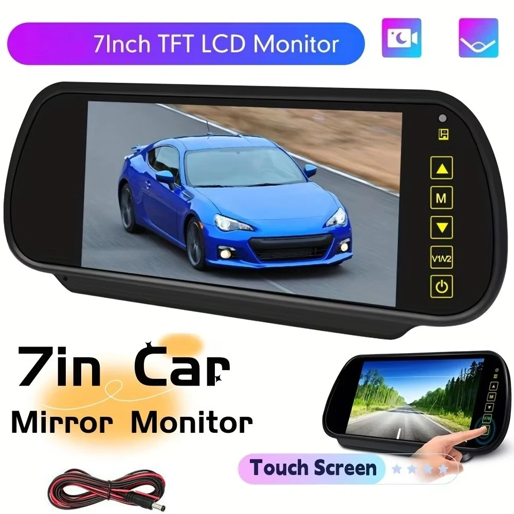 7インチの車載用lcdミラーモニター。駐車支援用ディスプレイとして、バックカメラの映像を自動的に表示。