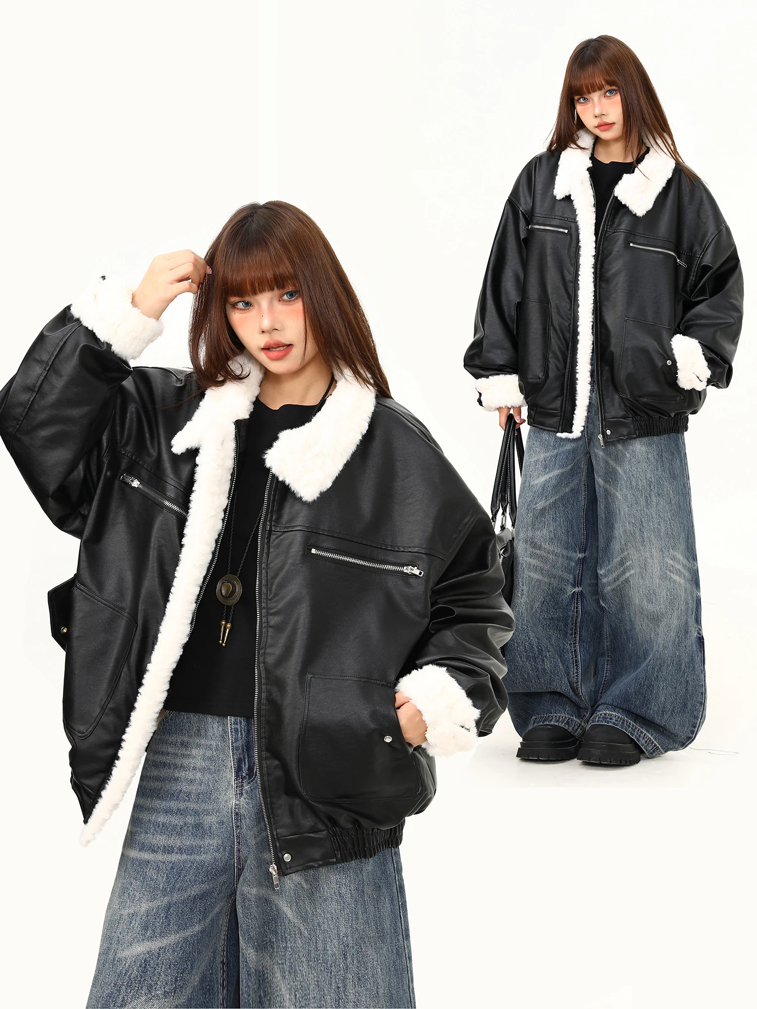 

Женская куртка Wild Azizi из искусственной кожи с воротником из овечьей шерсти, утепленная, с длинными рукавами, на молнии, в уличном стиле, зимняя