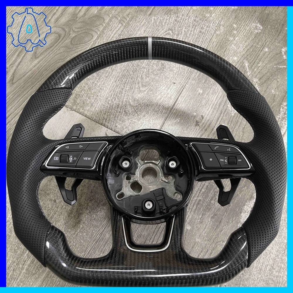 

For Audi A4 B9 A5 carbon fiber leather sports steering wheel with buttons and paddles, white center logo, Car Accessories