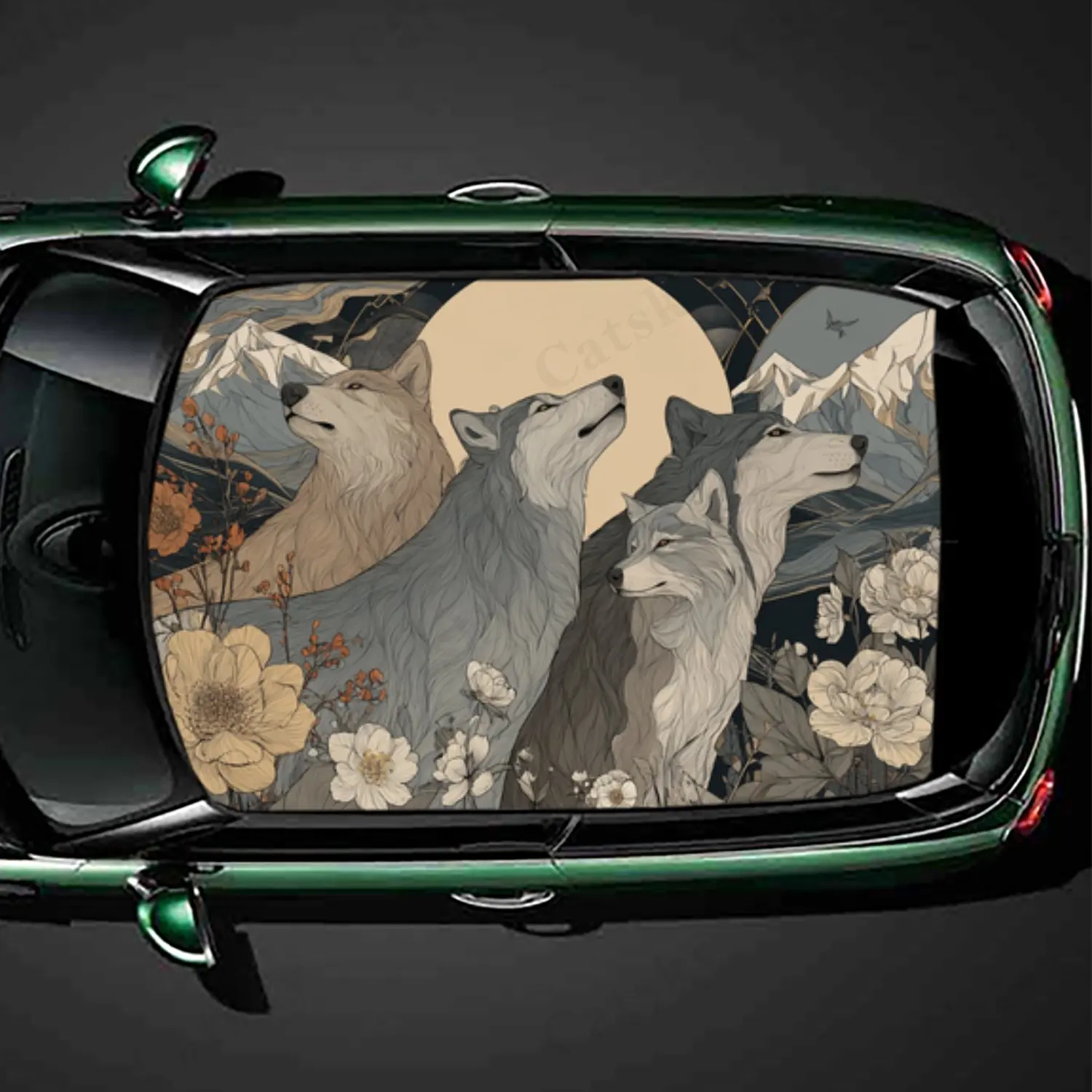 

Retro Wolf Pack and Full Moon - White Flower Car Roof Sticker, Auto Vinyl Wraps Decal, Self-adhesive Waterproof Car Exterior Acc