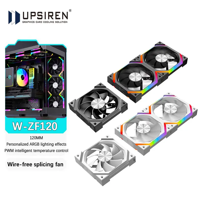 

UPSIREN W-ZF120 120mm 5V 3-PIN ARGB/12V 4-PIN PWM Quiet Cooling Fan Wire-free splicing case fans 800-2000RPM 61.5 CFM Air Volume