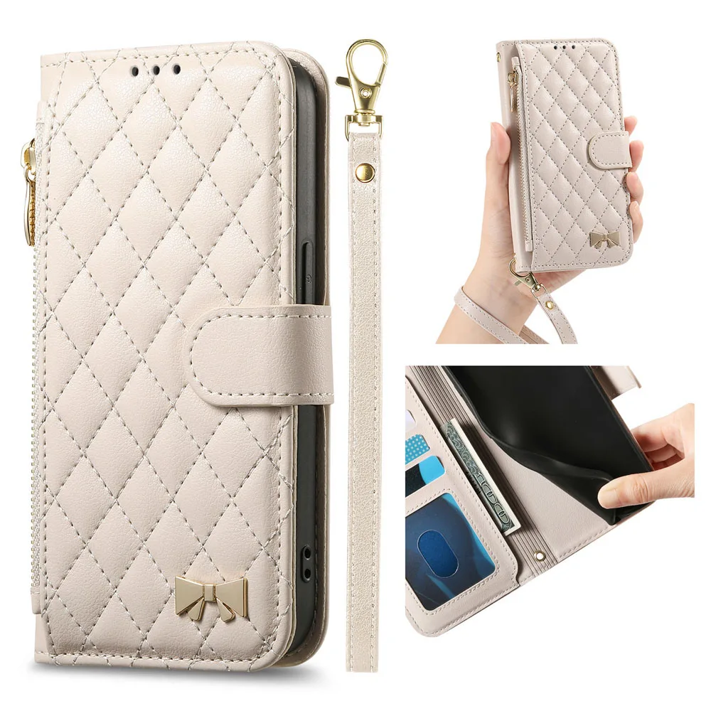 Etui z klapką, portfel na zamek błyskawiczny, skórzane etui na Motorola Edge 60 Pro 50 Fusion 70 G56 G75 G85 G86 G15, skórzany pokrowiec ze smyczą i paskiem na nadgarstek