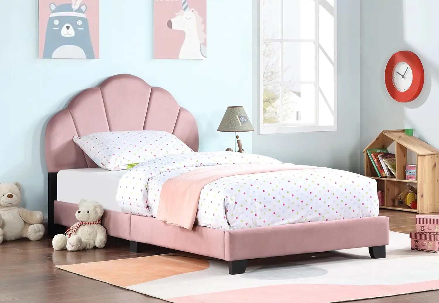 

Upholstered Twin Size Platform Bed for Kids, Wooden Bed Frame with Slatted Bed Base, No Box Spring Needed, Cute Bed, Customized