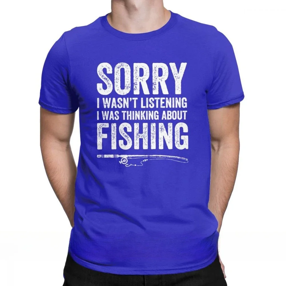 Men Funny Fisher Quote Printed Tops Short Sleeve Vintage O Neck Cotton Round Neck Tees Thinking About Fishing Fisherman T Shirt