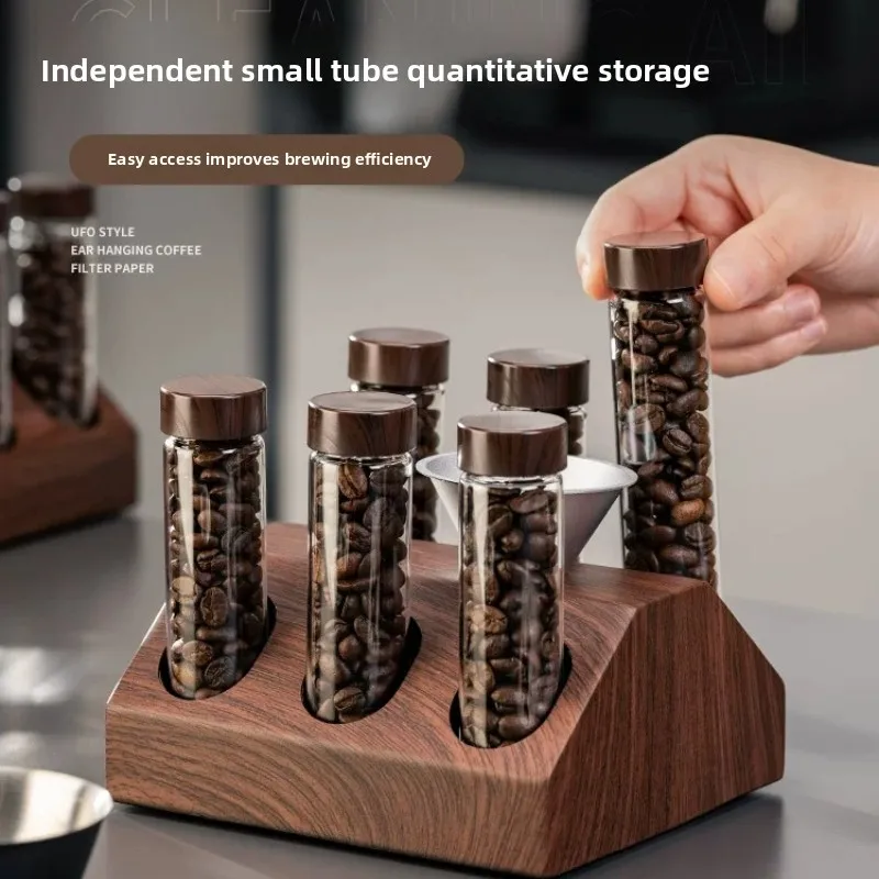 Coffee Bean Storage Tubes, Clear Glass Coffee Canisters with Sealed Closures and Wood-Grain Painted Display Rack for Coffee Bars
