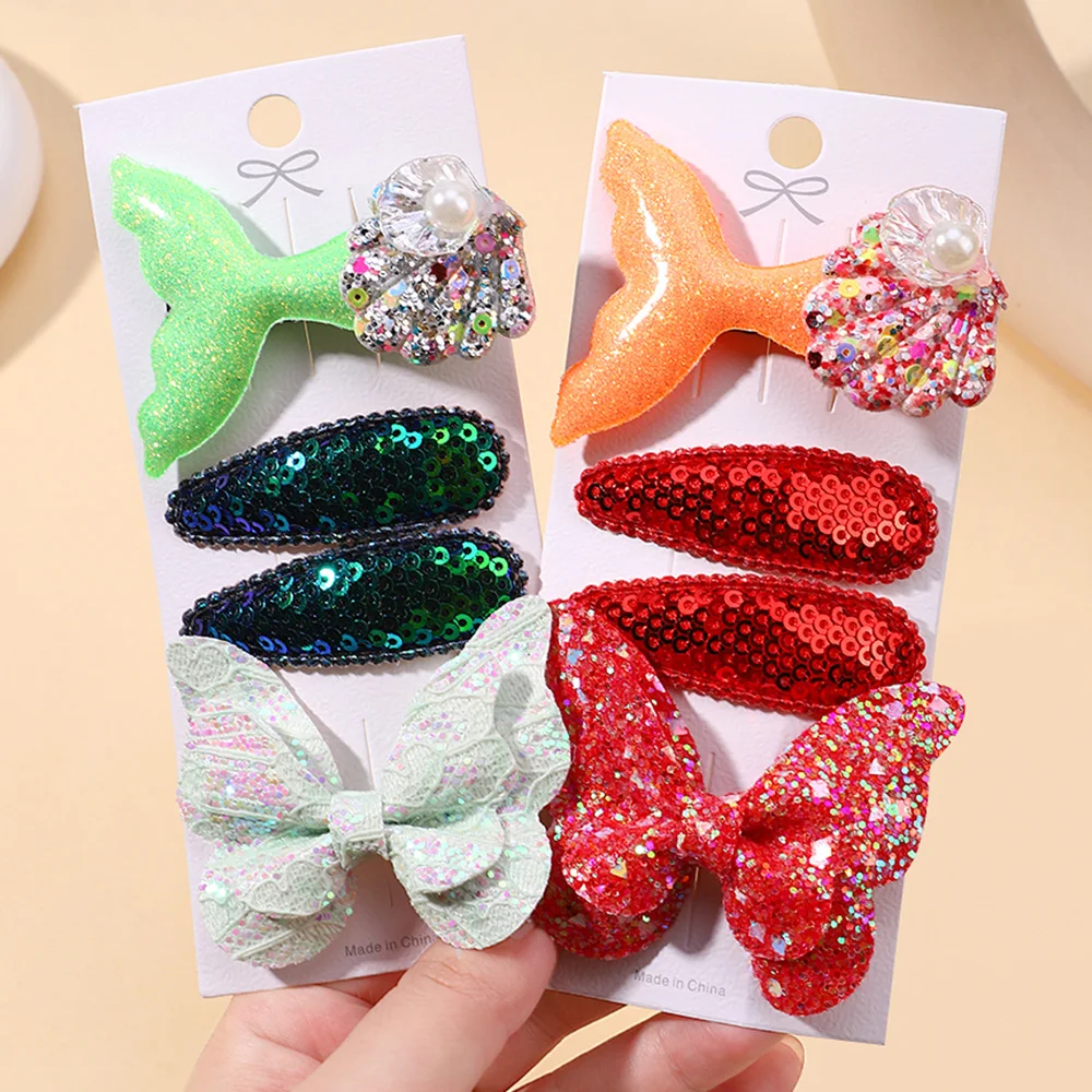 4pcs/set Girls Sequin Fish Tail Butterfly Hairpins Children Kids BB Hair Clips Barrettes Baby Accessories Hairclip Headwear Gift