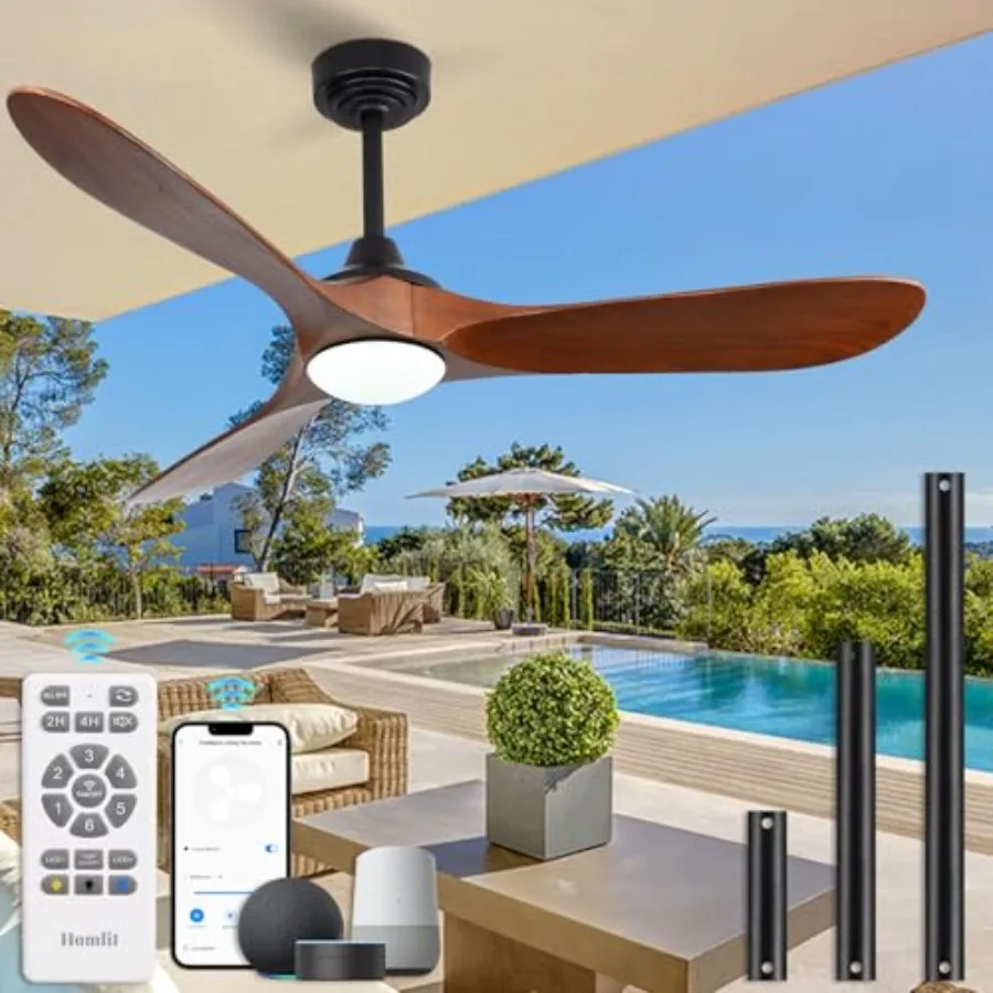 

Уличный потолочный вентилятор 52 дюйма с подсветкой и дистанционным управлением через Wi-Fi, совместимый с Alexa, 3 лопасти из массива орехового дерева, бесшумный, с реверсивным DC-мотором, умный, для улицы