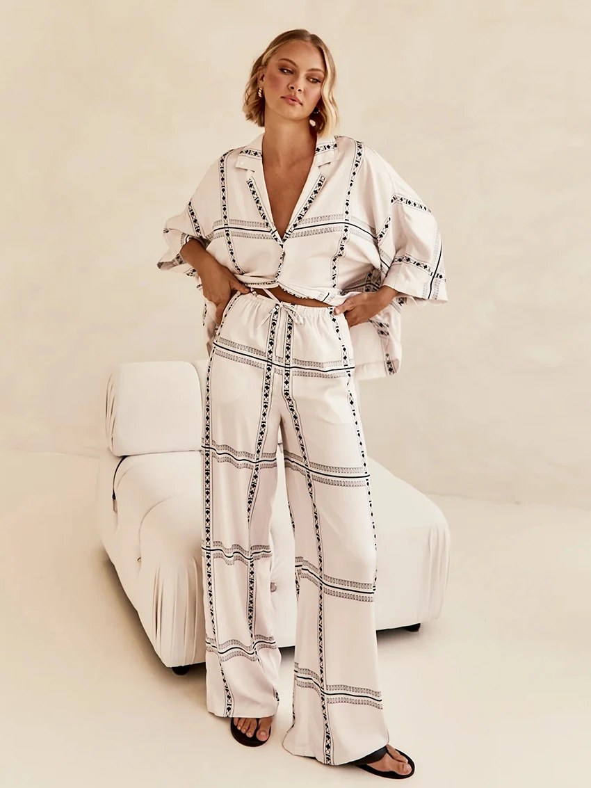 

Marthaqiqi Printing Women Nightgowns Suit Sexy Turn-Down Collar Sleepwear Three Quarter Sleeve Pajama Pants Casual Nightwear Set