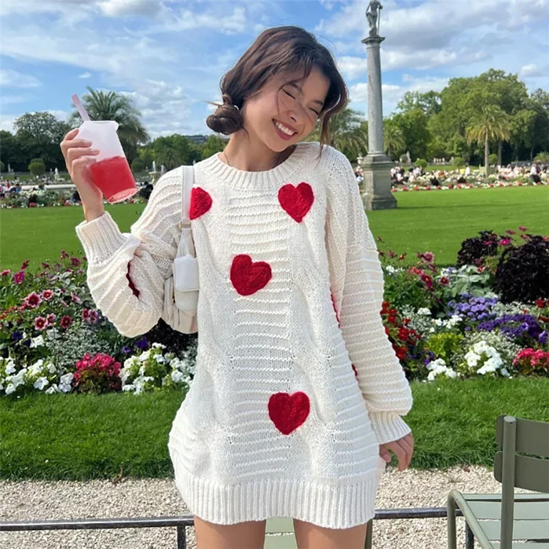 Suéter de gran tamaño con patrón de corazón para mujer, Jersey de manga farol con cuello redondo, Jersey de punto retorcido, sudadera blanca, Otoño e Invierno