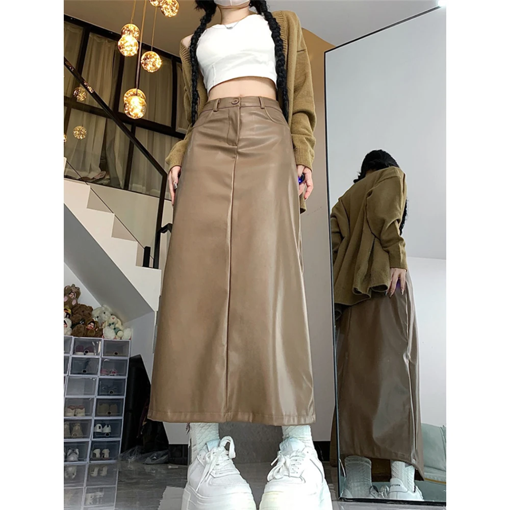 

High Waist Pu Leather Skirts Women 2023 New Autumn Winter Fashion A-line Split Mid-Long Skirt Oversize S-5XL Female Skirt