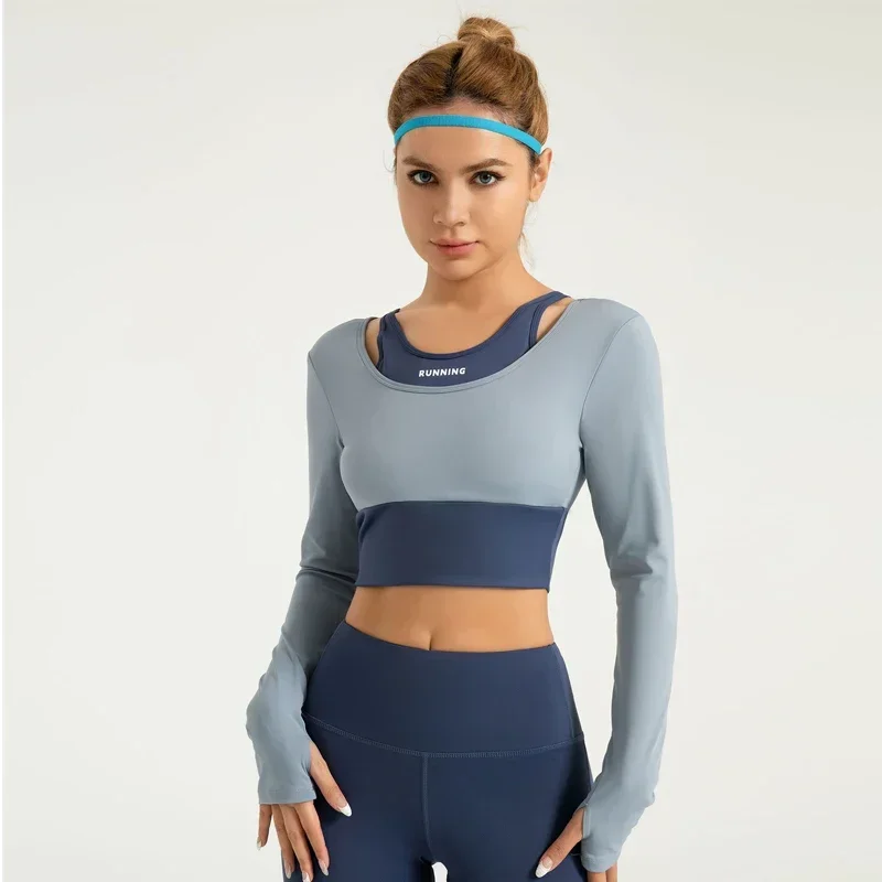 Yoga Long Sleeve Top Fake Two-piece Built-in Cup Gym Short Quick-drying Slim Fit Sports Jogging Shirt vestiti da donna invernali