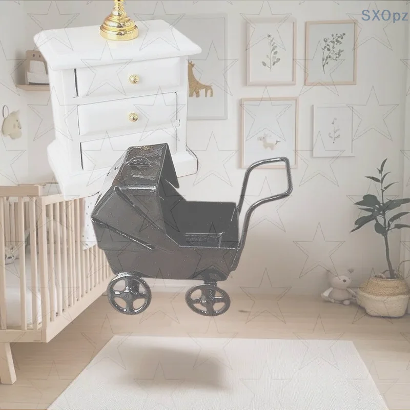 

1:12 Doll House Decor Black Wrought Iron Baby Stroller Model Miniature Bedroom Scene
