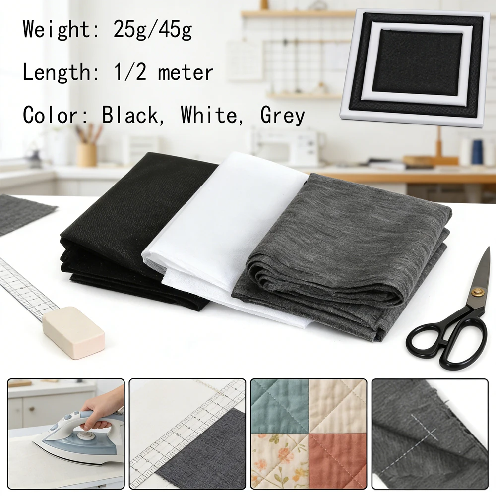 1/2M White Black Grey Non-Woven Fabric Interlining, Iron-On Adhesive Single-Sided Fusible Lining for Sewing & Patchwork Projects