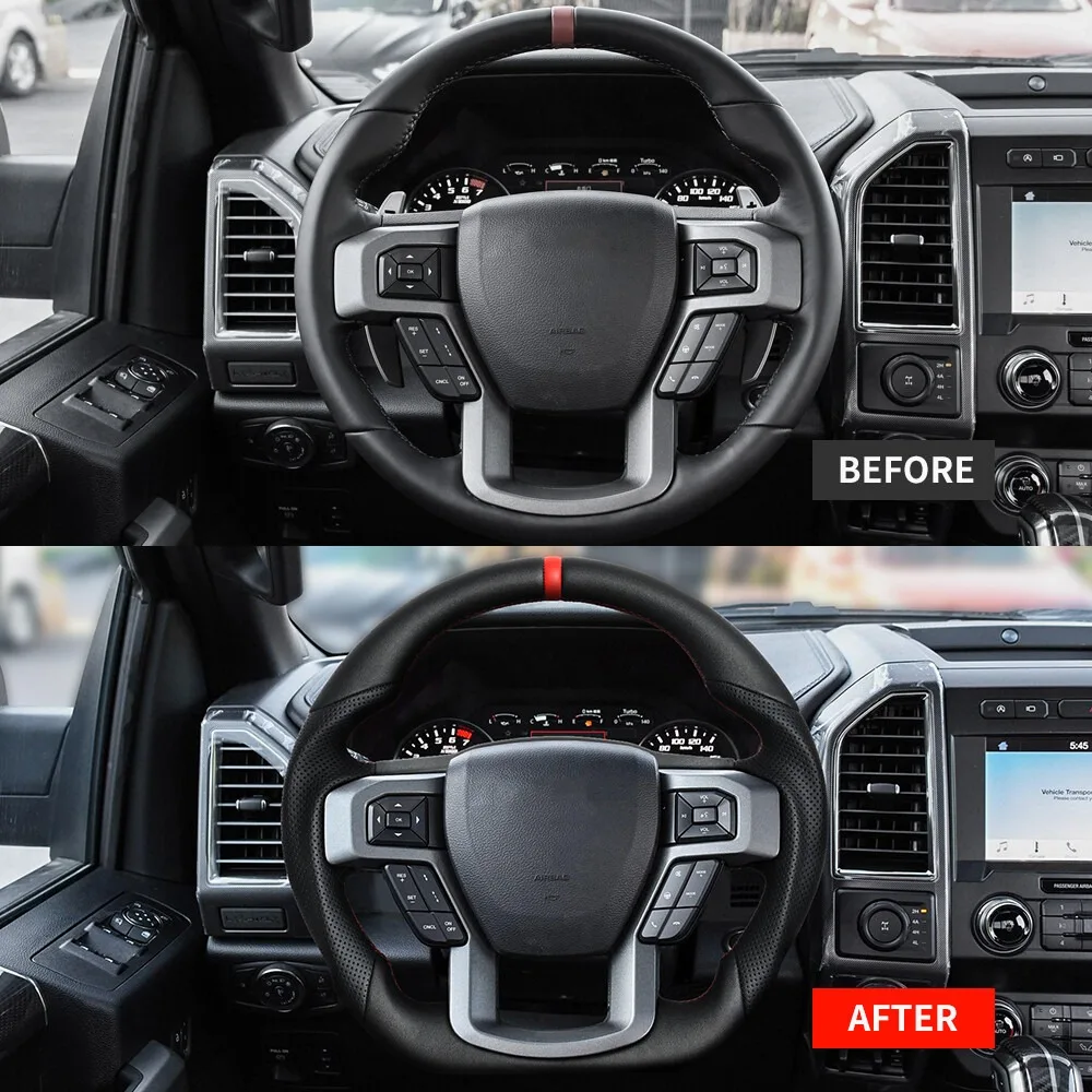 Heated Full Leather Flat Bottom Steering Wheel No Paddle Holes with Red Top Stripe Fit For Ford F-150 Raptor 2015-2020 Racing Car Accessories