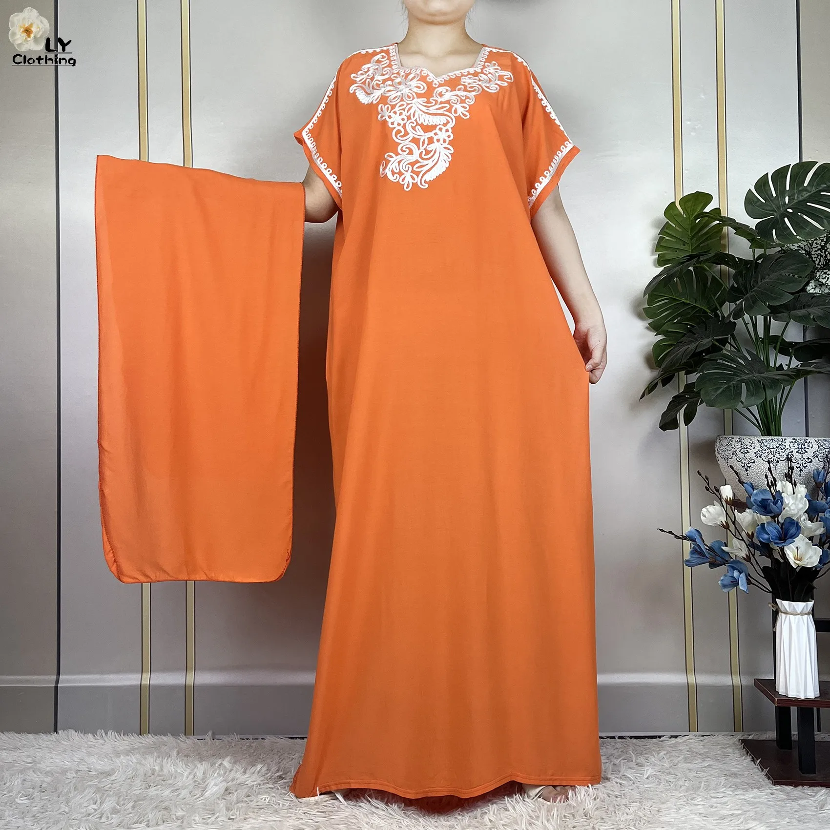 2023 African Abayas For Women Short Sleeve Summer Solid Color Loose Femme Robe Maxi Muslim Elegant Woman Dresses With Turban