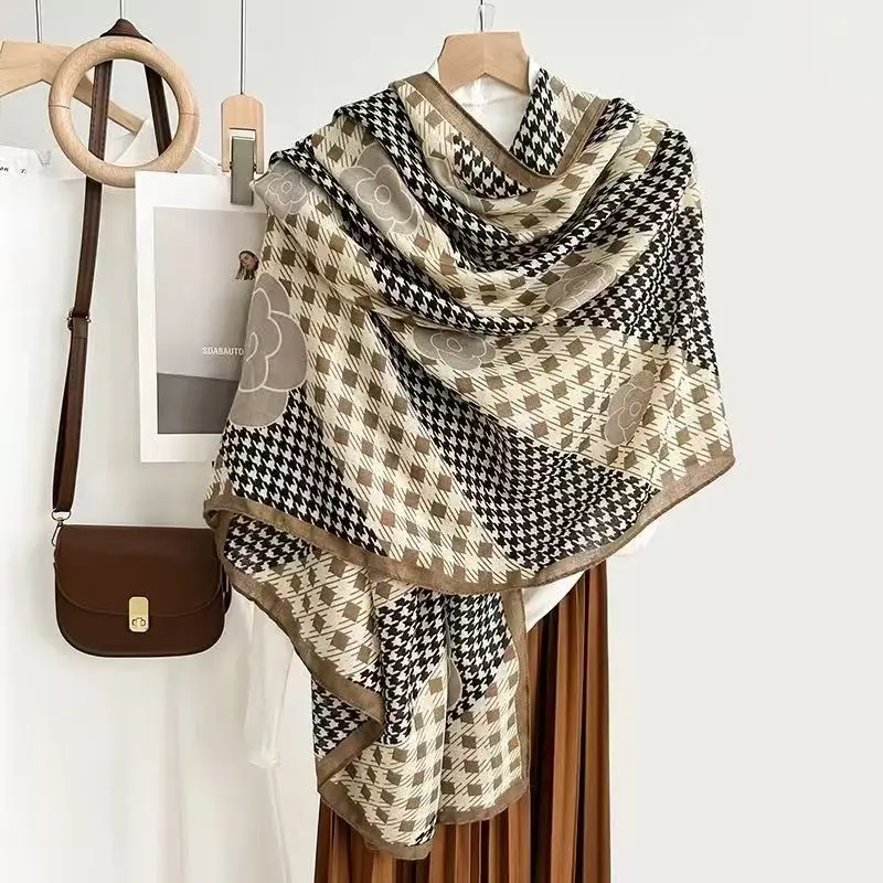 

Женский хлопковый льняной шарф с цветочным принтом, весенне-осенний новый прямоугольный теплый платок, тонкий универсальный модный шарф