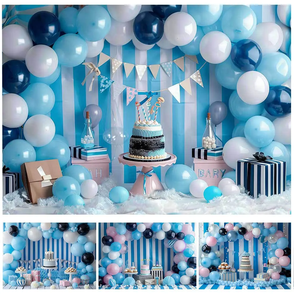 

Mocsicka Baby 1st Birthday Photography Backdrops Blue and White Striped Wall Arch Balloon Boys Cake Smash Party Decor Background