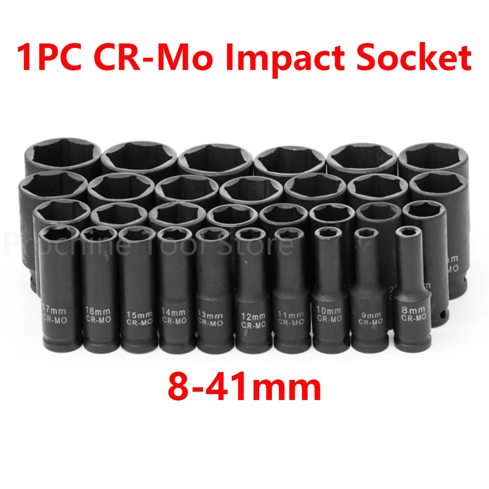 1pc 1/2\'\' Impact Sockets 6-Point Hex Key Black Cr-Mo Metric 8~41mm Socket Head High Torque For Pneumatic Wrench Mechanical Tools