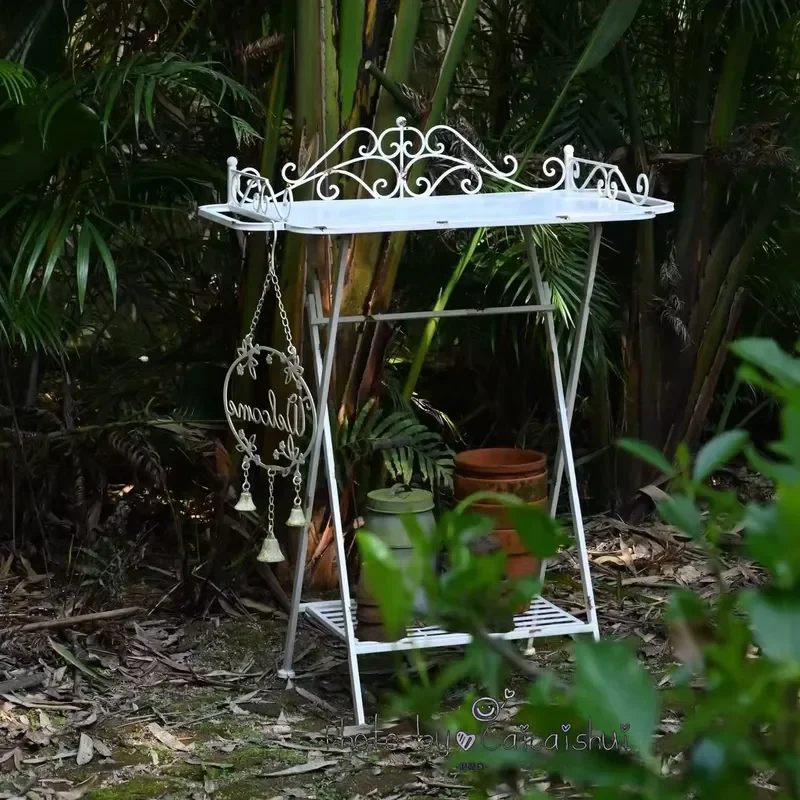 French Style Wrought Iron Outdoor Furniture Foldable Gardening Table Storage Console Flower Rack for Courtyard Villa Park