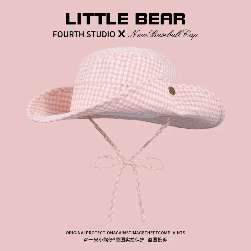 Korean Simple Plaid Bucket Hat Women's Spring and Summer Thin Vacation Breathable Large Brim Shade Windproof Sun Hat Sun Caps