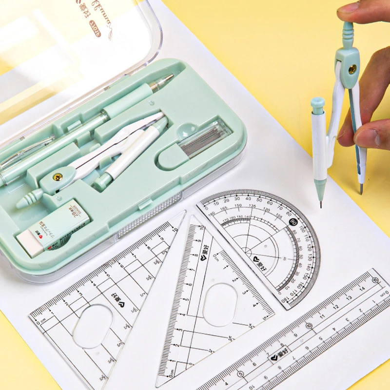 Imagem -03 - Desenho Régua Bússola Conjunto com Régua Transferidor Borracha Recarga e Armazenamento Box Matemática para Estudantes Papelaria Acessórios em 1