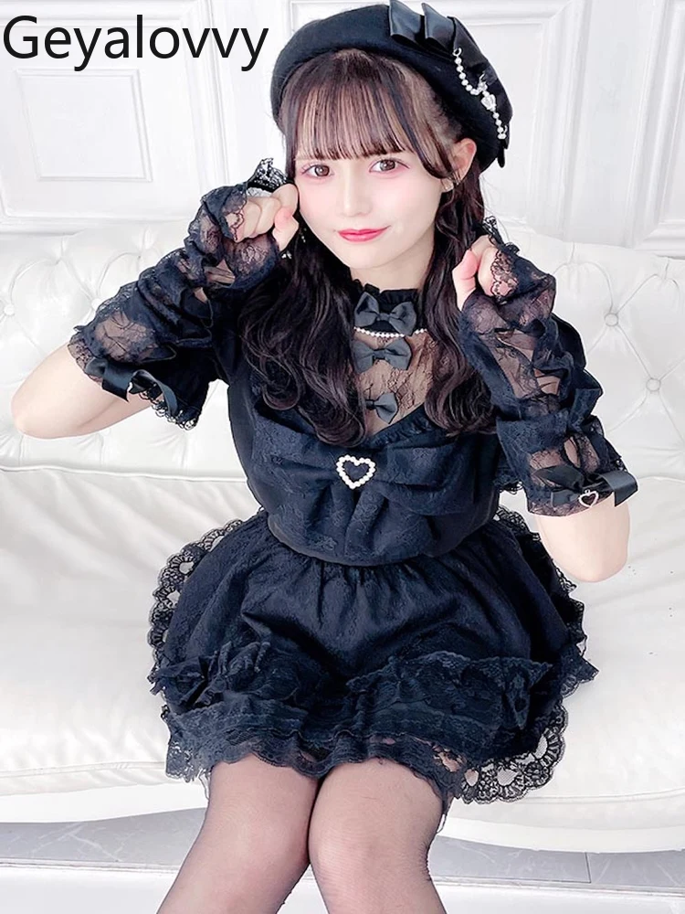 Japoński słodki styl, seksowna koronkowa bluzka z wycięciami, uniwersalna koszulka na wiosnę i lato z kokardą w kształcie serca, krótki rękaw i koronkowe rękawiczki.