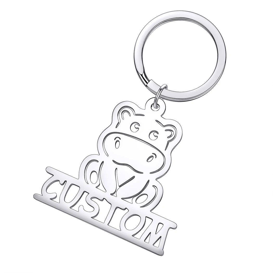 QIMING Personalized Name Hippo Keychains Men Women Customized Animal Cute Key Ring Stainless Steel Cartoon Jewelry Gift