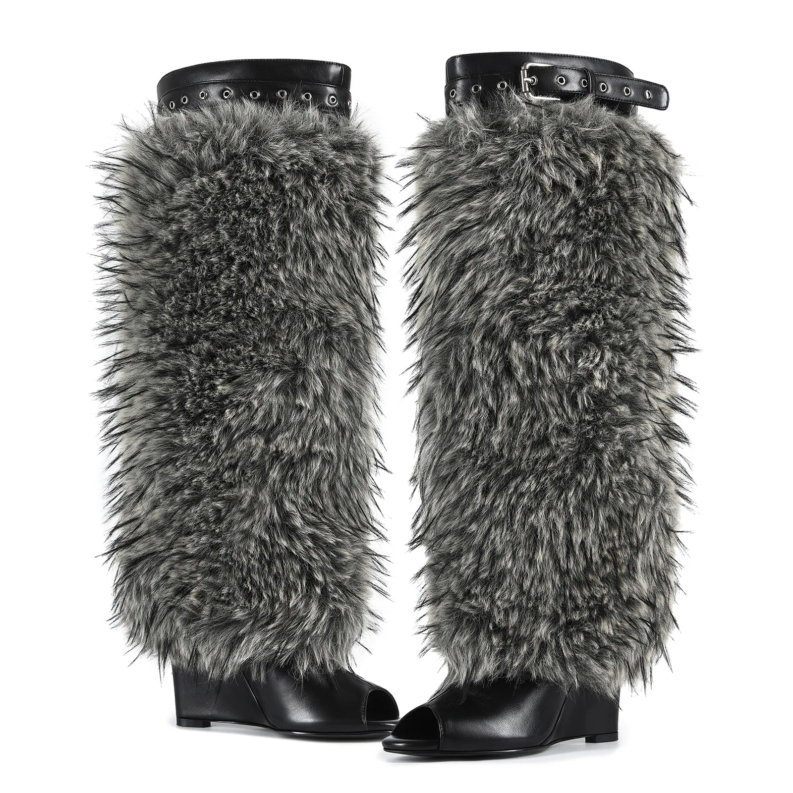 

Punk Style Peep Toe Fue Belt Buckle Knee-High Women Sandals Boots Wedges High Heels Buckle Strap Design Large Size Shoes