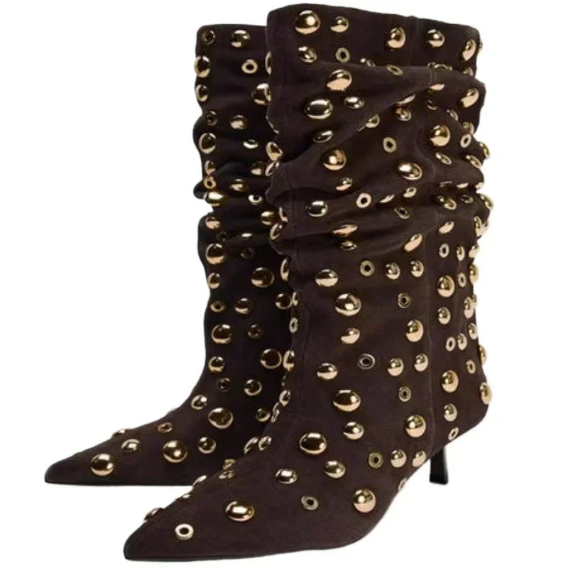 2024 European and American Women\'s High-heeled Pointed Sexy Rivet Decoration Pleated Sleeve Large Calf Short Boots