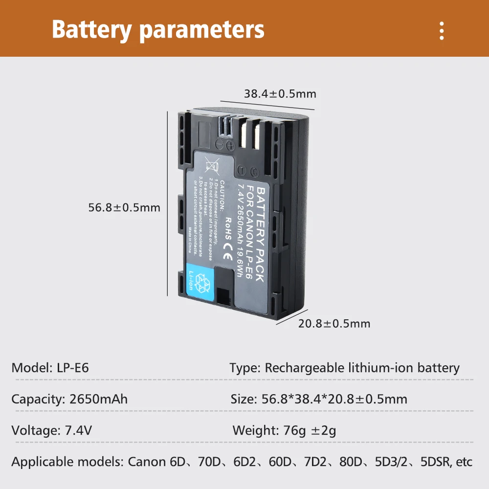 2650mAh LP E6 LPE6 LP-E6 E6N Battery + LCD Dual Charger For Canon EOS 5DS R 5D Mark II 5D Mark III 6D 7D 70D 80D Camera