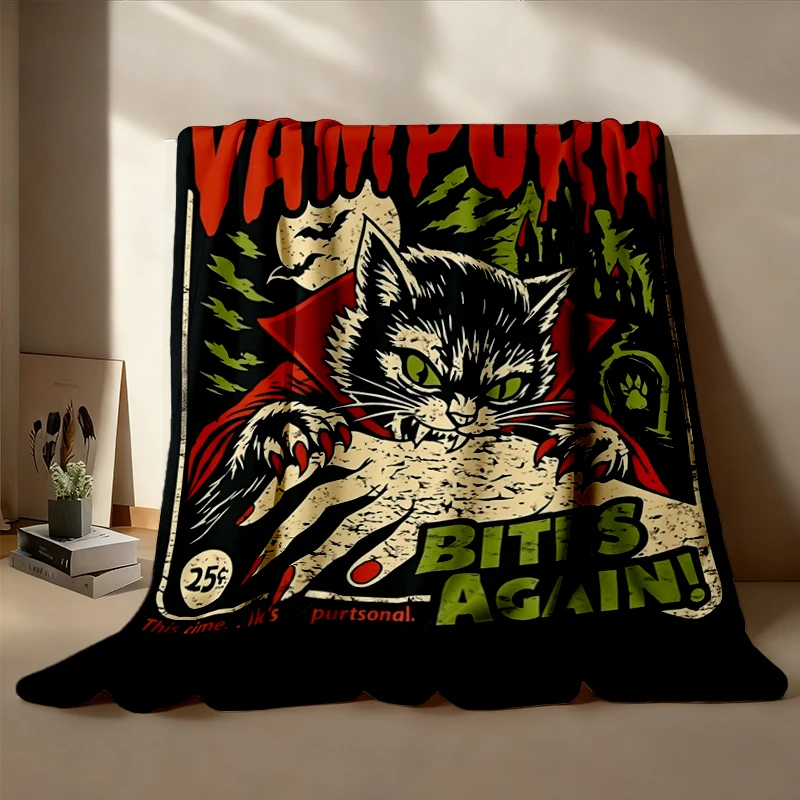 Funny Cat Halloween Flannel Blanket, Vampurr Bites Again Halloween Flannel Throw, Spooky Black Cat Lover