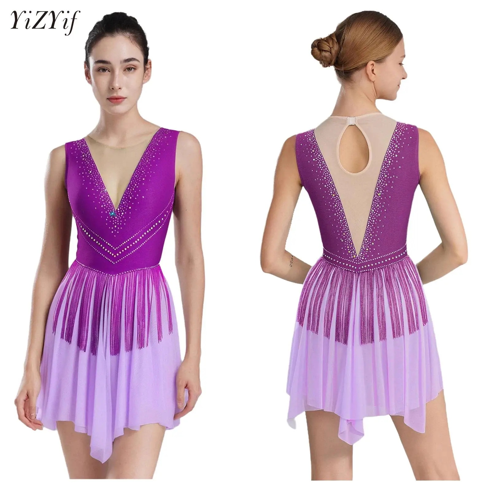 

Womens Tassel Dance Leotard Dress Rhinestones Ballet Latin Rhythmic Dance Dress for Figure Skating Tango Samba Jazz Competition