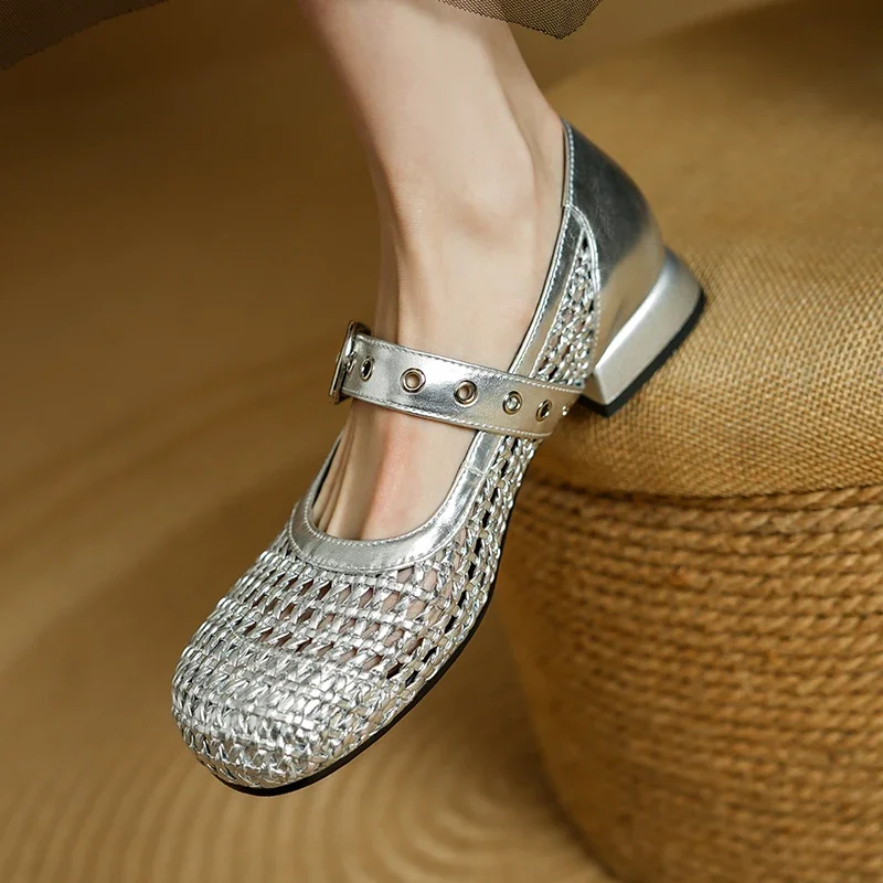 

2025Новые летние женские сандалии из натуральной кожи, 22-24,5 см, женская обувь из воловьей кожи + плетения + овчины + свиной кожи, туфли Мэри Джейн с полой пряжкой