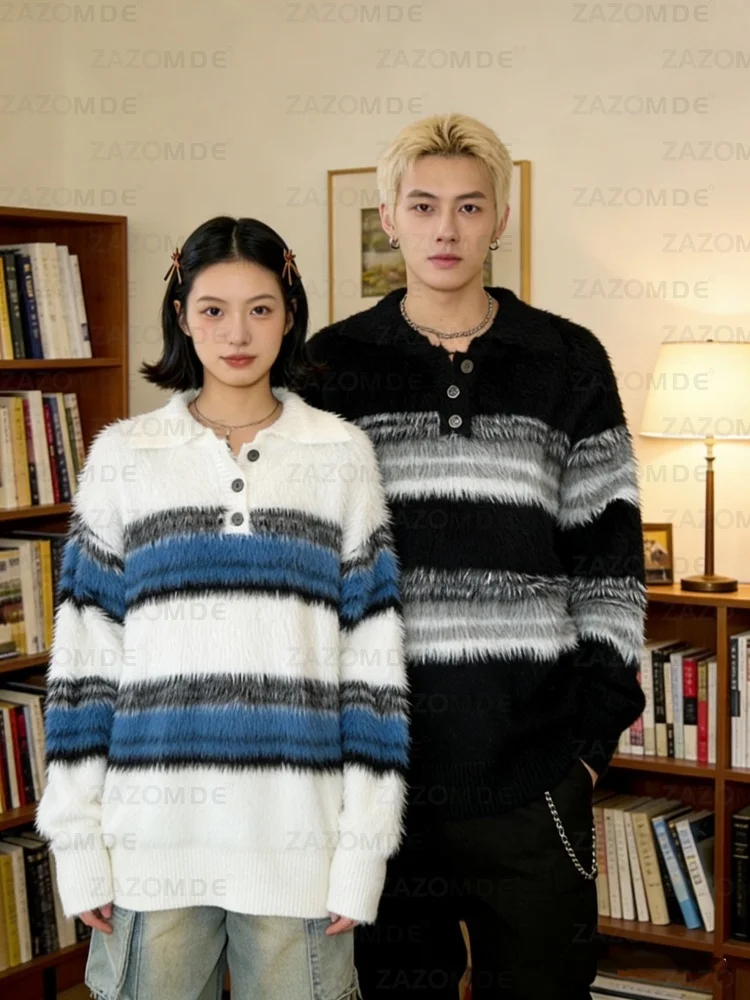 ZAZOMDE 2025 سترة متماسكة حديثة للجنسين برقبة على شكل V مع نمط شريطي هندسي متباين وتصميم مذهل للديكور البسيط