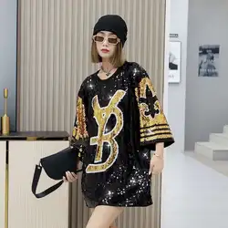 #0214 Summer Shinny Sequins T Shirt Women Spliced Color Short Sleeve Streetwear Long T Shirt Female Loose Round Neck Black Party