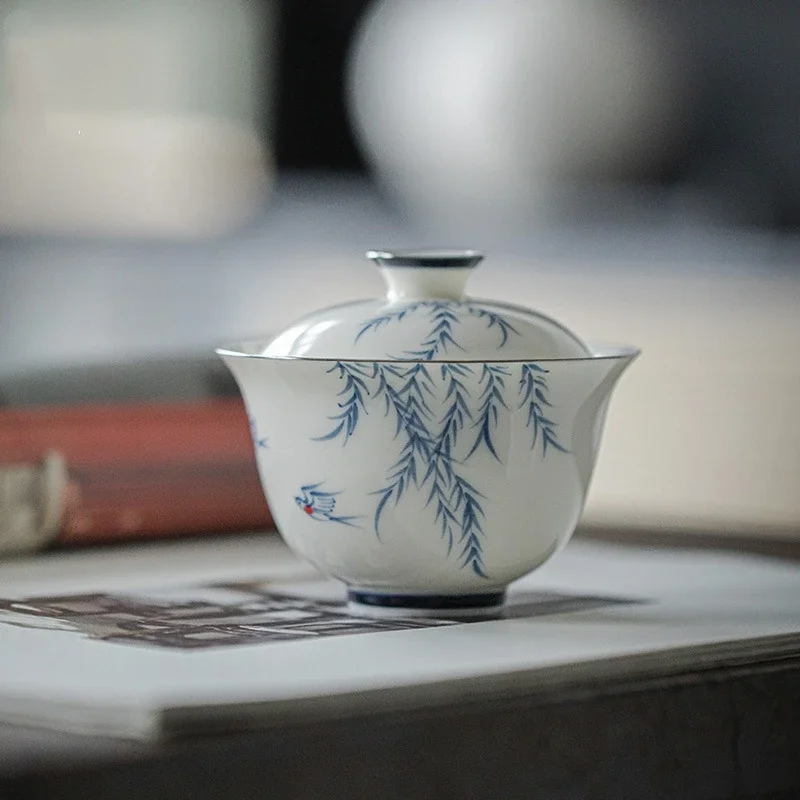 Hand Painted Willow Birds Jade Porcelain Gaiwan For Tea Tureen Teaware Cup Chinese Tea Bowls Chawan Tea Ceramony Set Lily Deng