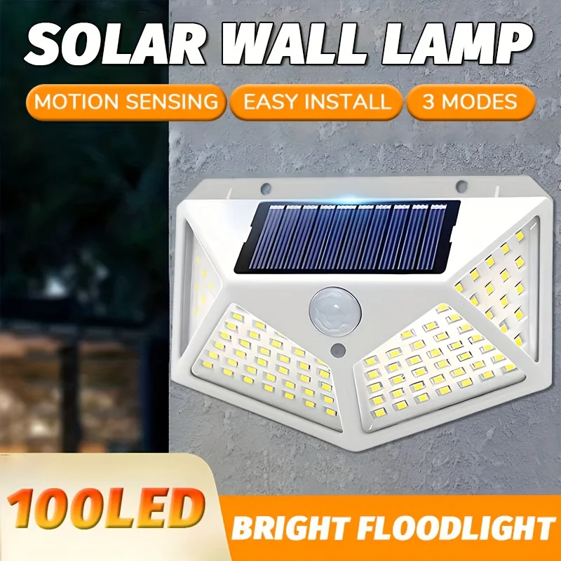 Solar Powered 100 LED Motion Sensor Wall Light, Waterproof Outdoor Security Lamp for Garden, Fence, Yard, Pathway Decoration