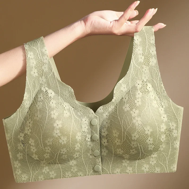 Mom's Underwear Middle-aged and Elderly Women's Bras Seamless Front Open Button Vest Style Oversized Summer Thin New Bra