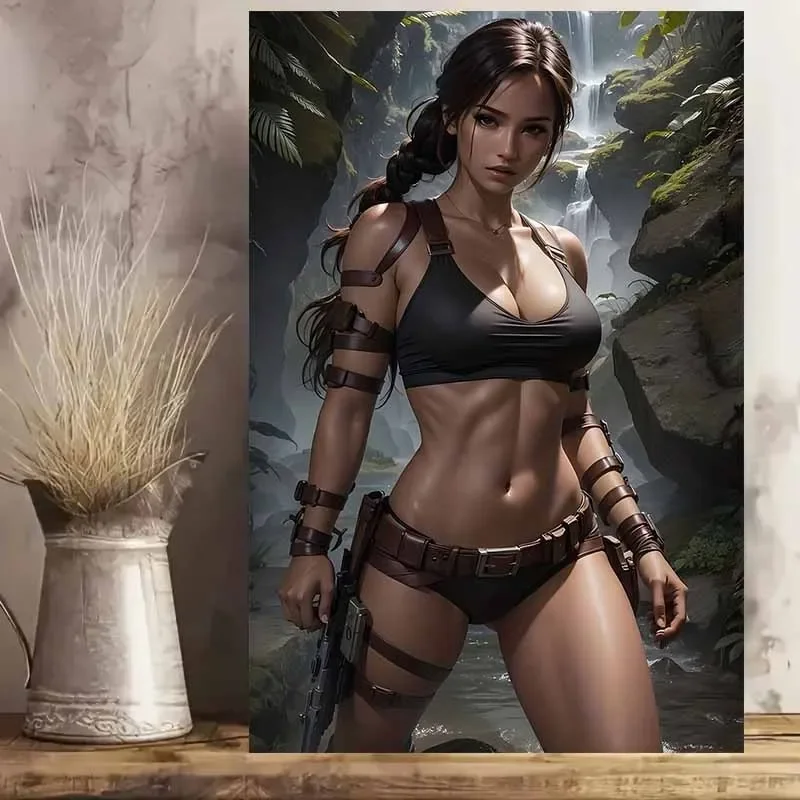 1pc Unframed Aluminum Poster, Jungle Explorer Sexy Female Warrior Waterfall Background, Modern Metal Wall Art, 28x42cm for Be