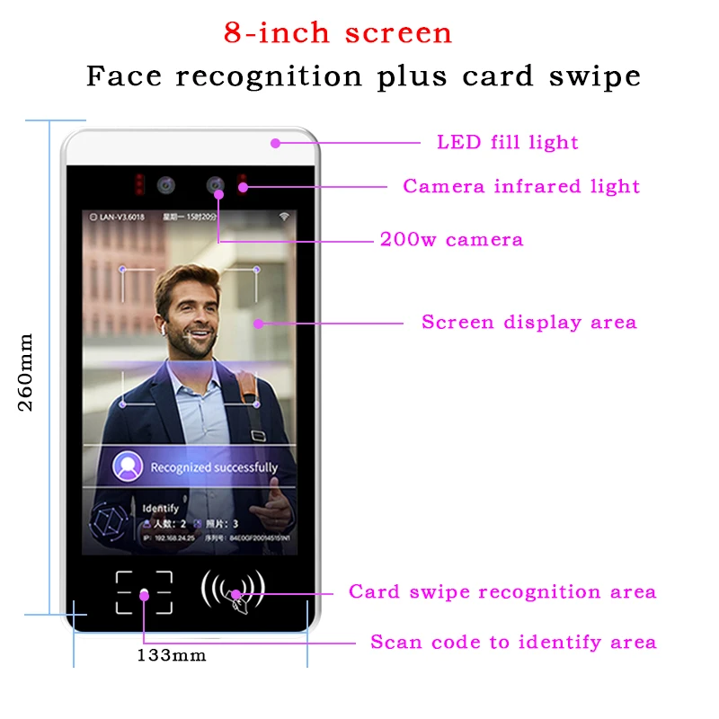 Sistema de seguridad de reconocimiento facial de 8 pulgadas NFC IC/tarjeta de identificación asistencia OEM ODM WiFi SDK Control de acceso biométrico características de reinicio