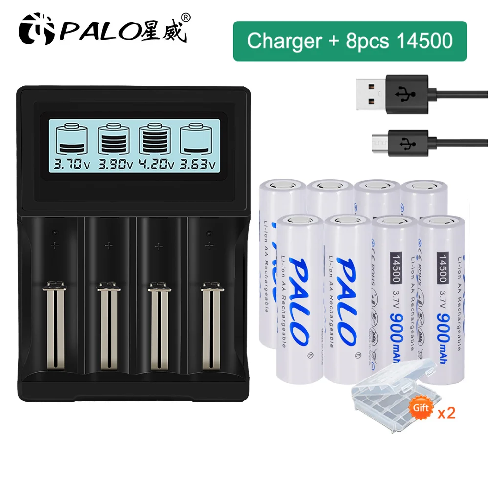 

PALO 3.7V 14500 Rechargeable Battery 14500 Lithium Ion AA Batteries Batteri With 14500 Charger For Led Flashlight Headlamps