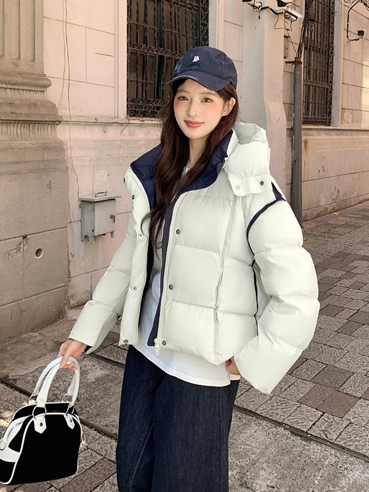 

Winter Short Solid Hooded Puff Parker Down Jacket Female Zipper Fluffy Thicken Outwears Women White Duck Down Loose Warm Jackets