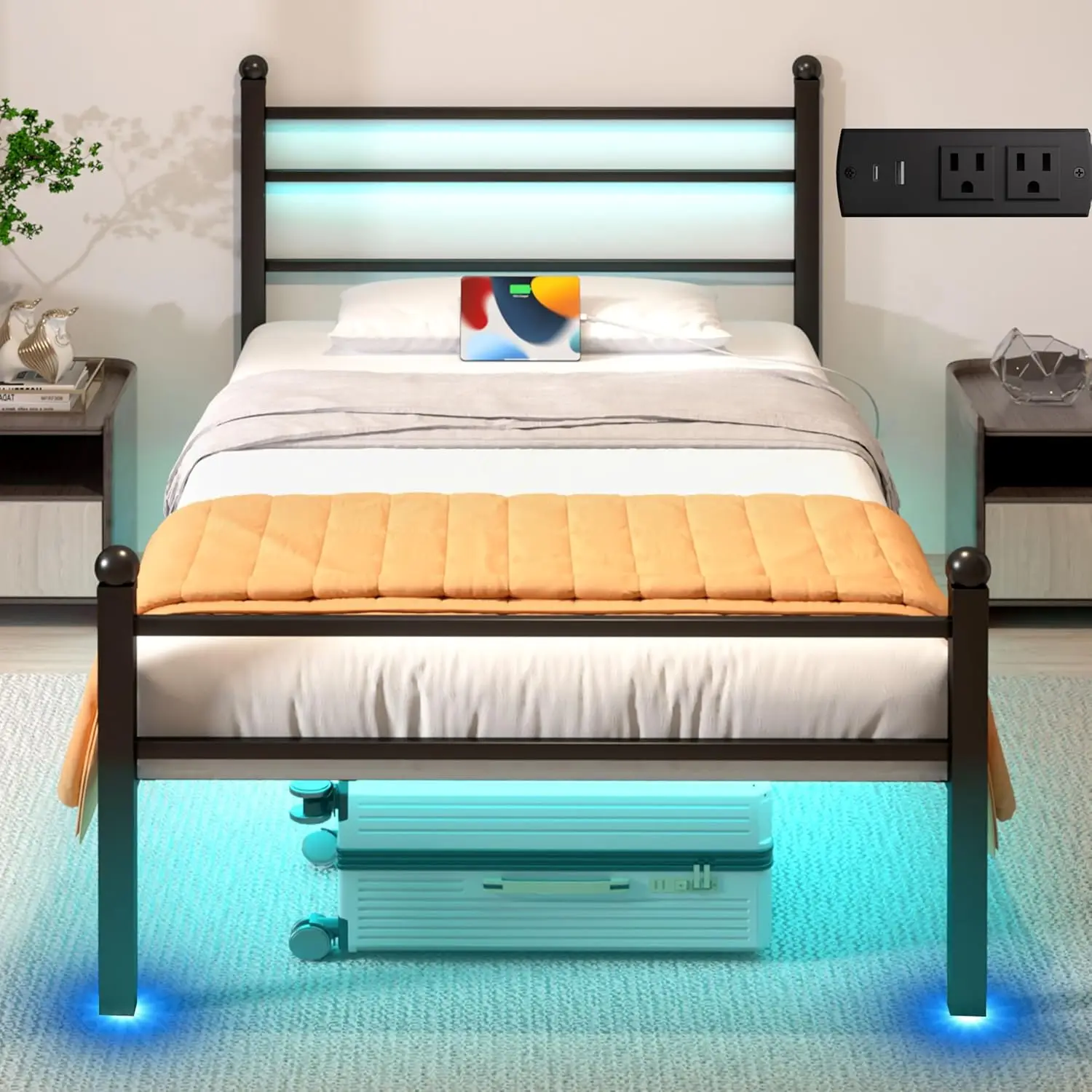 

Twin Bed Frame with LED Lights & Charging Station, Metal Platform Bed with Headboard, Heavy Duty Metal Slats, No