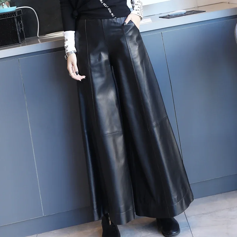 Tajiyane Genuine Leather Pants Women Winter Autumn High Waist Wide Leg Pants Loose Trousers Women A-line Pants Pantalons SGG758