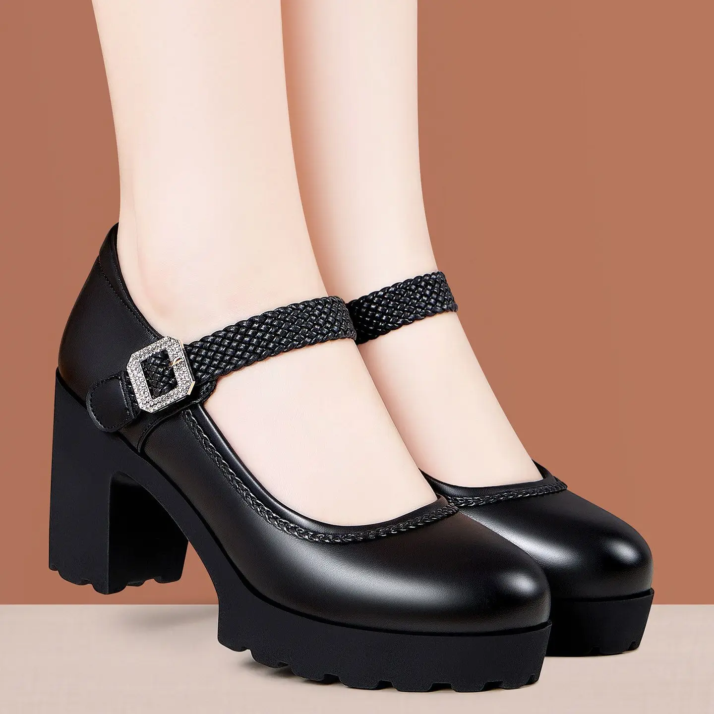 

Элегантные модные туфли Мэри Джейн на платформе из мягкой кожи, 6 см, 8,5 см, 10 см, весна 2026, на массивном высоком каблуке, модель для офиса