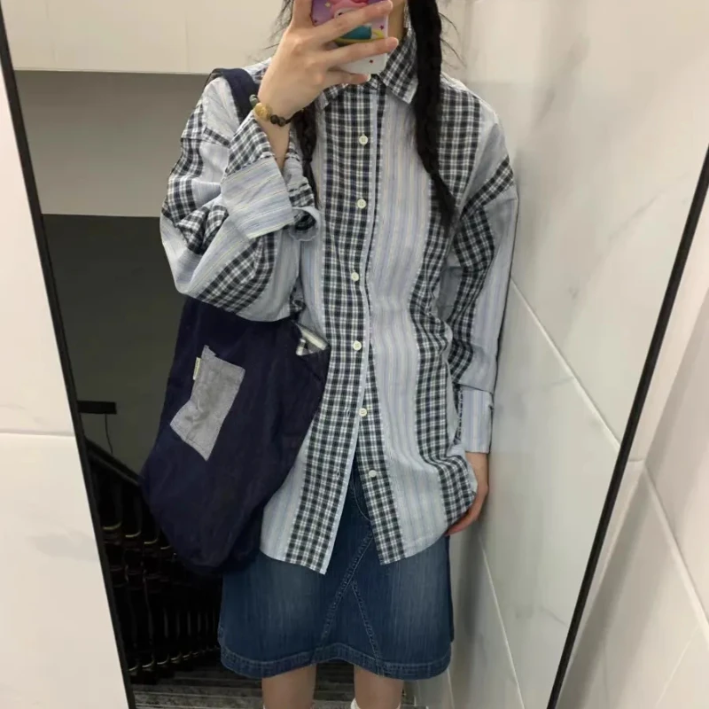 

Японская винтажная лоскутная клетчатая рубашка для женщин, весна 2021, блузка с длинными рукавами и лацканами Y2k, модный дизайн, свободные топы Mujer